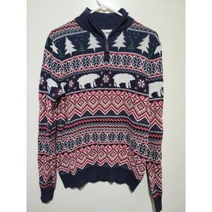 Aspen Quarter Zip Sweater Mens Medium Blue Red Fair Isle Polar Bear